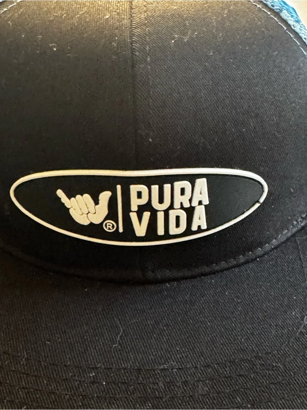 NWOT Pura Vida black & blue trucker hat, blue tie-dye mesh, adjustable band.